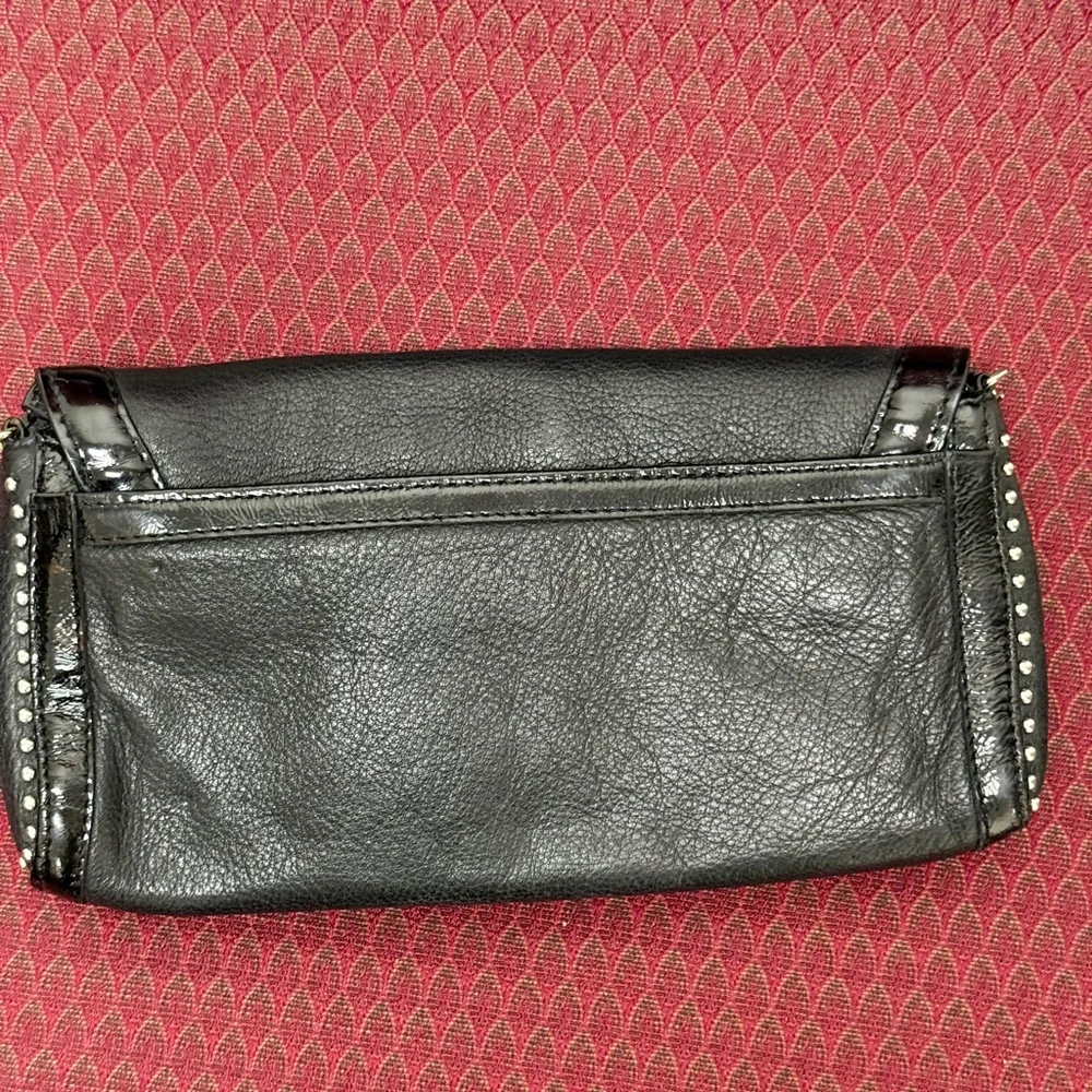 Brighton Black Leather Bow Clutch Chain Strap Studded‎ Leopard Lining Y2K